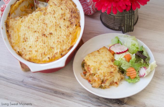 Give your weeknight dinner a Latin twist and make this delicious Baked Yuca Pie filled with shredded chicken and topped with lots of cheese