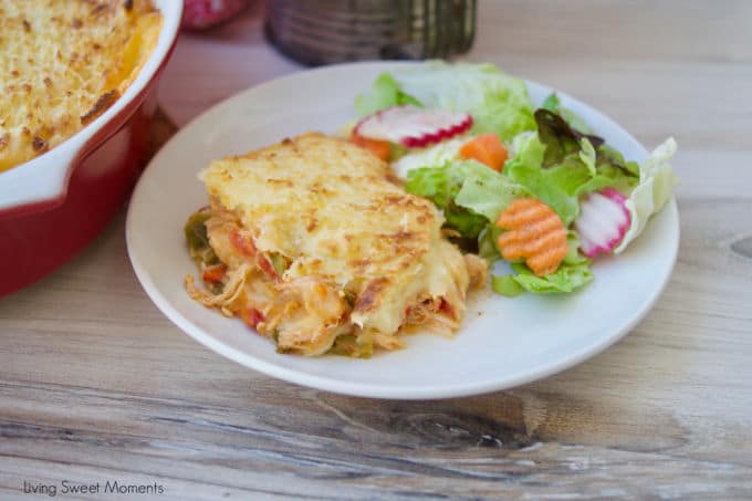 Give your weeknight dinner a Latin twist and make this delicious Baked Yuca Pie filled with shredded chicken and topped with lots of cheese