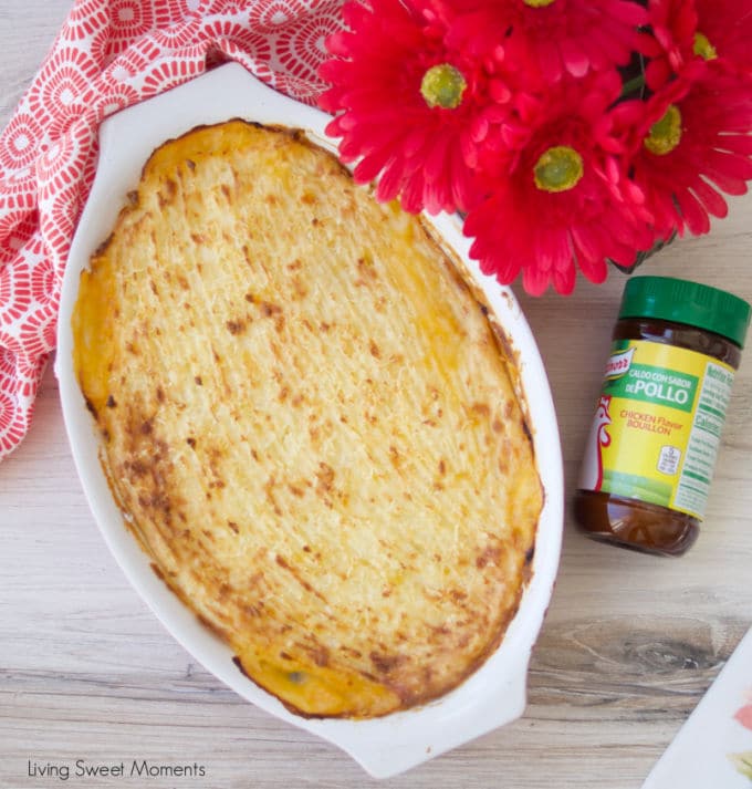 Give your weeknight dinner a Latin twist and make this delicious Baked Yuca Pie filled with shredded chicken and topped with lots of cheese