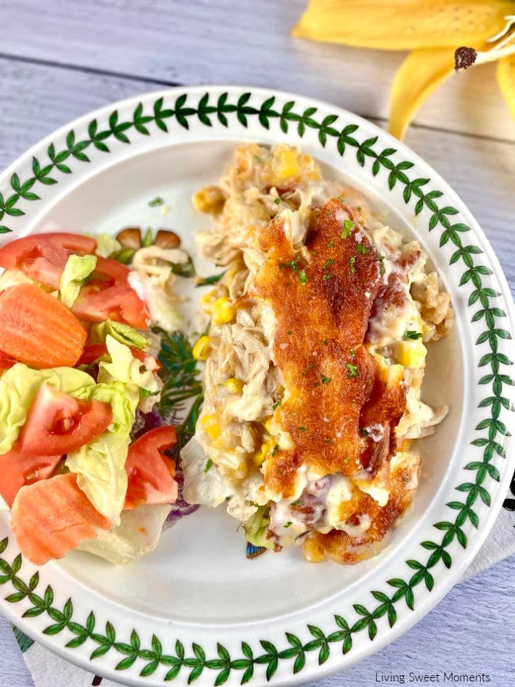 Chicken and Corn Crepe Casserole. Enjoy delicate crepes filled with chicken, cheese, & corn then baked in a creamy Bechamel sauce. The perfect comfort food