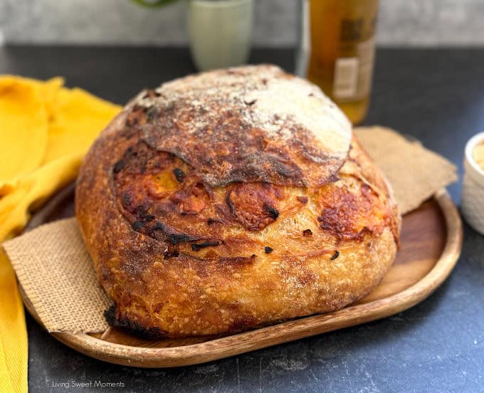 Bake this Beer Gouda Onion Sourdough Bread, a flavorful, advanced loaf with caramelized onions, gooey cheese, and beer for the perfect bite