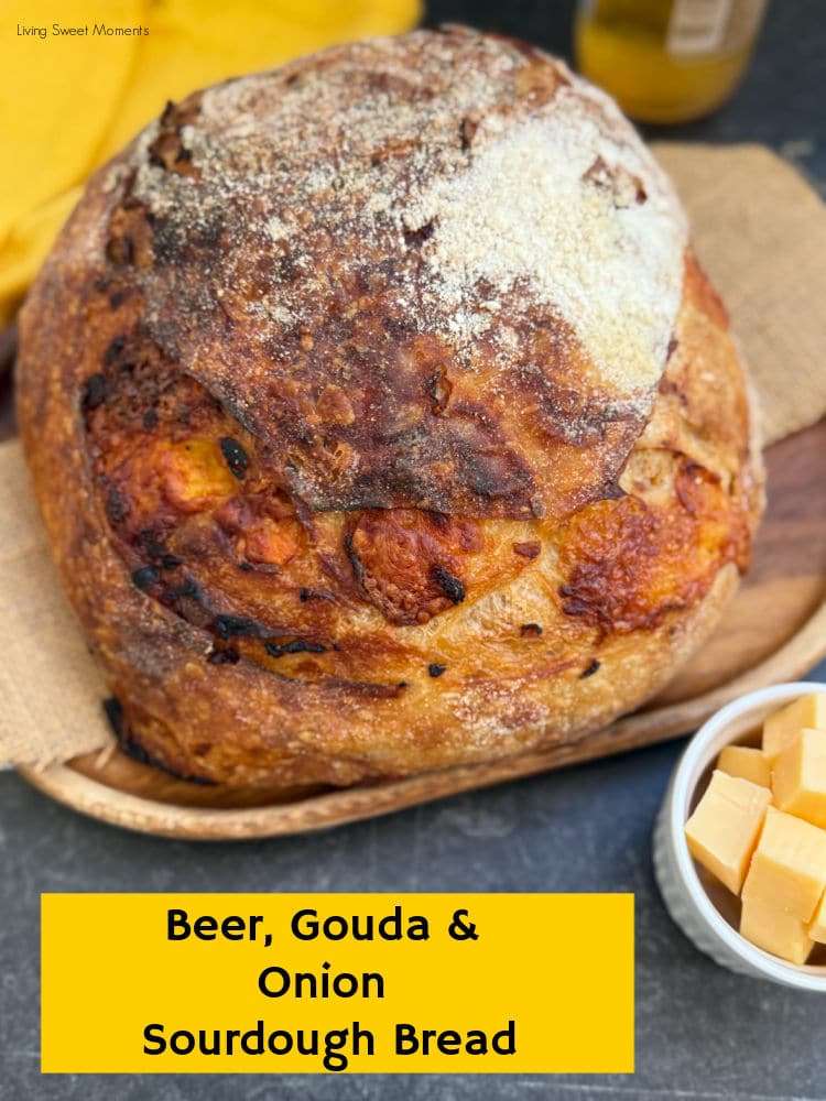 Bake this Beer Gouda Onion Sourdough Bread, a flavorful, advanced loaf with caramelized onions, gooey cheese, and beer for the perfect bite