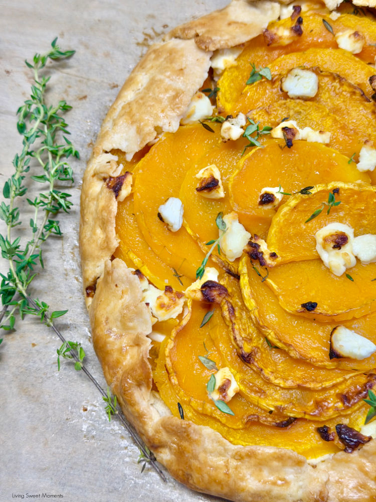 Butternut Squash Galette with caramelized onions, creamy goat cheese, and a flaky buttery crust. Perfect for fall gatherings and Thanksgiving!