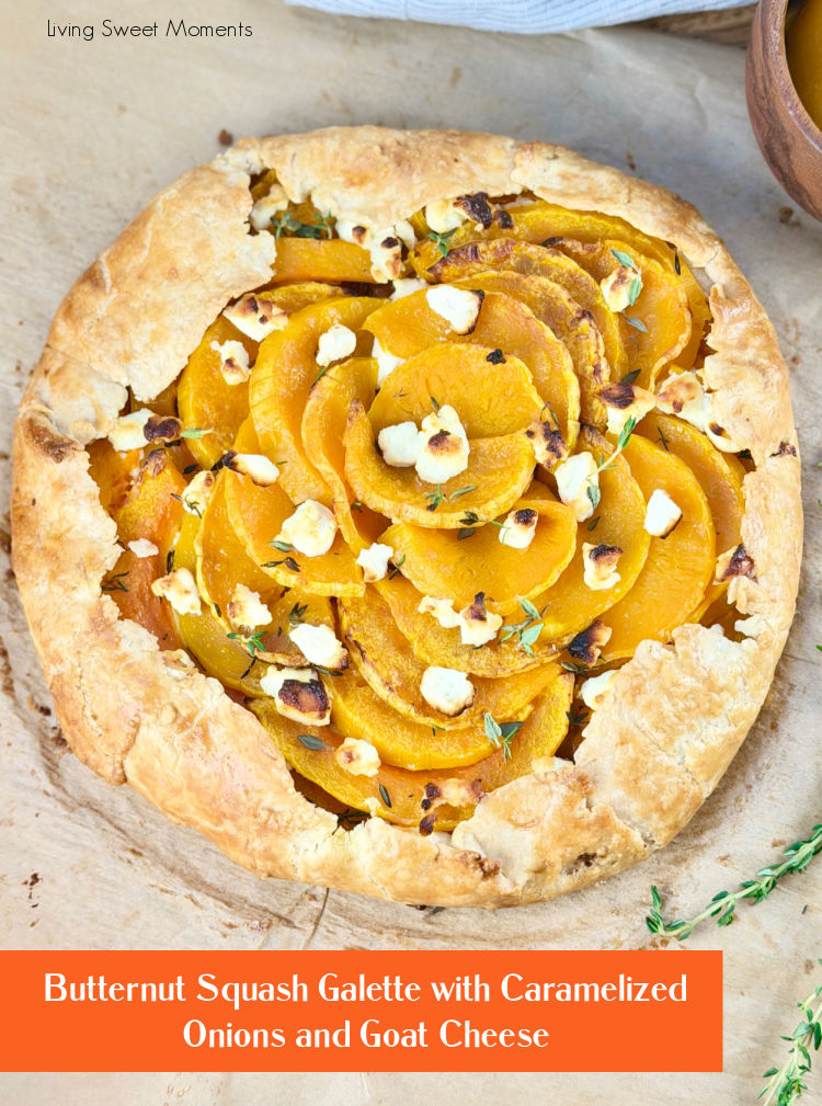 Butternut Squash Galette with caramelized onions, creamy goat cheese, and a flaky buttery crust. Perfect for fall gatherings and Thanksgiving!