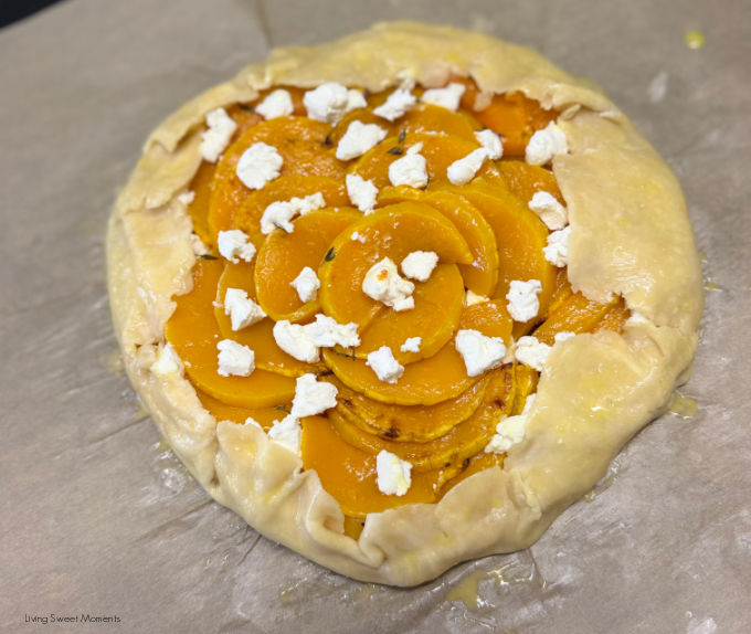Butternut Squash Galette with caramelized onions, creamy goat cheese, and a flaky buttery crust. Perfect for fall gatherings and Thanksgiving!