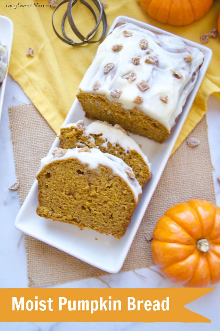 This delicious and moist pumpkin loaf recipe is topped with tangy cream cheese frosting and crystallized ginger pieces. It's perfect for breakfast, snack, or dessert! 