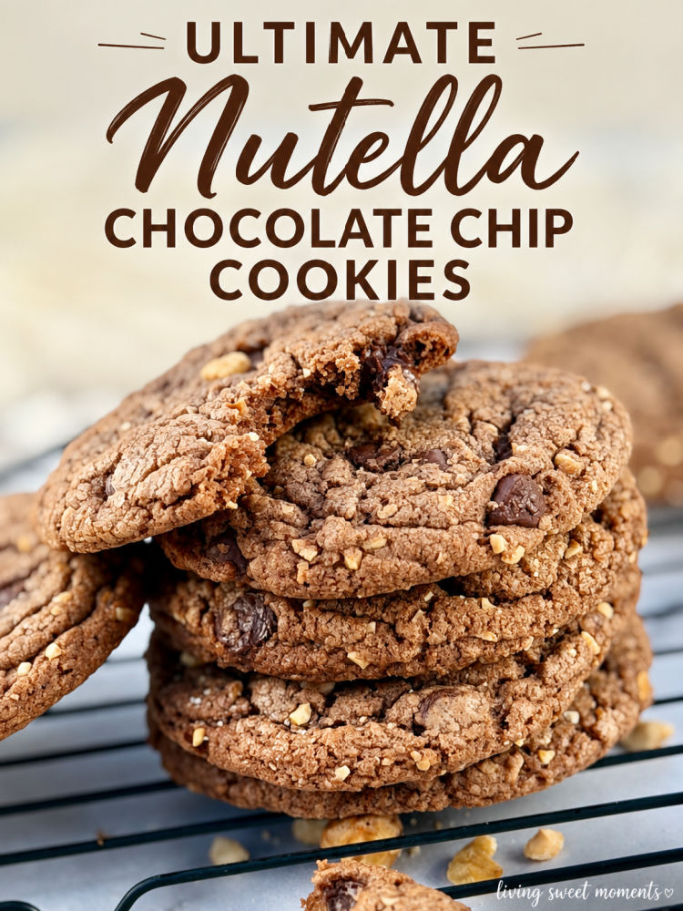 Stack of soft and chewy Nutella Chocolate Chip Cookies with chocolate chips and chopped hazelnuts