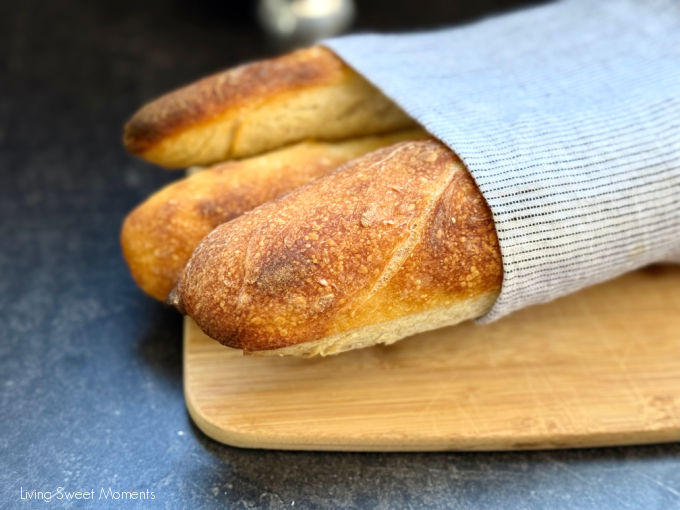 Crispy crust, airy crumb, and tangy flavor! This sourdough baguette recipe makes bakery-style bread at home with an easy overnight ferment