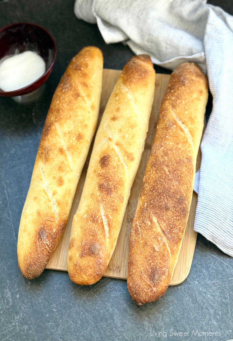 Crispy crust, airy crumb, and tangy flavor! This sourdough baguette recipe makes bakery-style bread at home with an easy overnight ferment