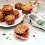Soft, moist sourdough discard banana muffins with chocolate chips baked in two bowls for a tender crumb and perfect domed tops