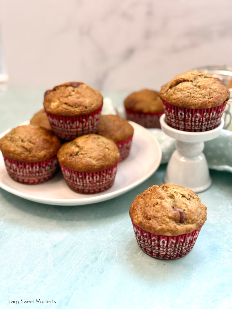 Soft, moist sourdough discard banana muffins with chocolate chips baked in two bowls for a tender crumb and perfect domed tops