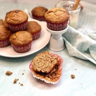 Soft, moist sourdough discard banana muffins with chocolate chips baked in two bowls for a tender crumb and perfect domed tops