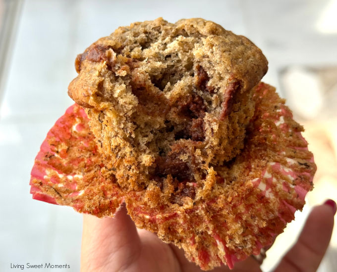 Soft, moist sourdough discard banana muffins with chocolate chips baked in two bowls for a tender crumb and perfect domed tops