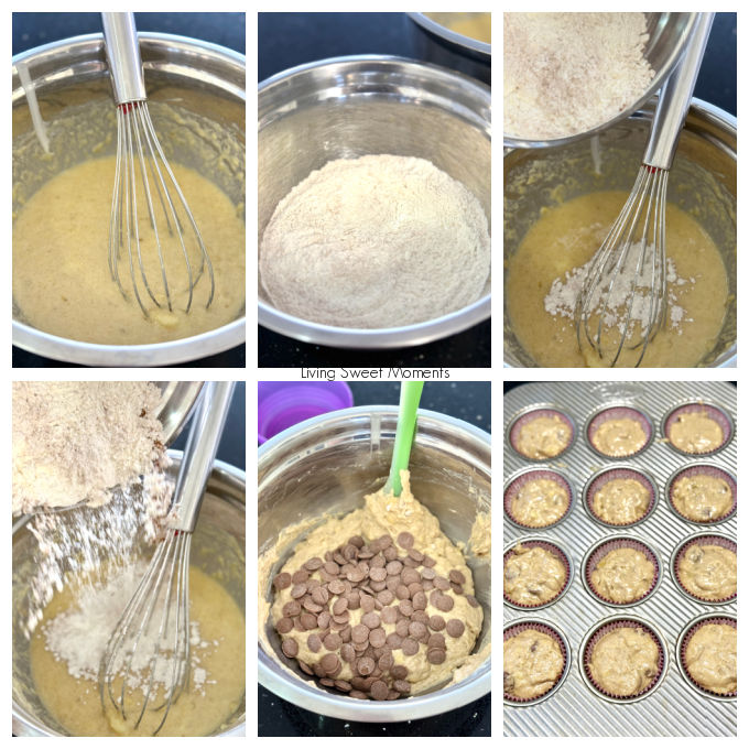 Soft, moist sourdough discard banana muffins with chocolate chips baked in two bowls for a tender crumb and perfect domed tops