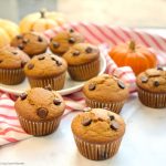 Moist sourdough discard pumpkin muffins with chocolate chips, fluffy, spiced, and perfect for using up starter discard this fall.