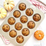 Moist sourdough discard pumpkin muffins with chocolate chips, fluffy, spiced, and perfect for using up starter discard this fall.