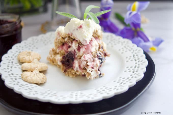 This delicious Cherry Dacquoise is made up of 3 almond dacquoise discs sandwiched in rosemary cherry compote and fresh whipped cream