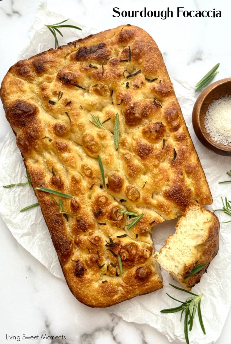 Bake this fluffy, golden sourdough focaccia recipe with olive oil and herbs. Crispy on the outside, airy inside, and full of sourdough flavor
