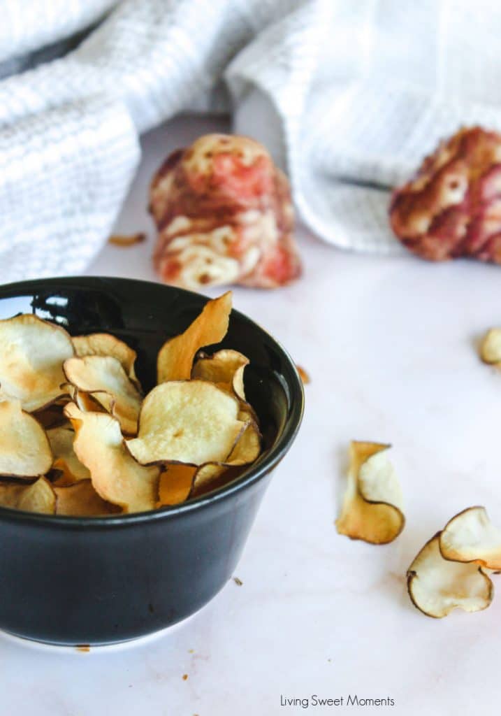 These delicious baked sunchoke chips are crunchy, healthy, and super easy to make! They are perfect as a snack on the go or as a side-dish