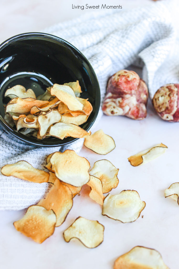These delicious baked sunchoke chips are crunchy, healthy, and super easy to make! They are perfect as a snack on the go or as a side-dish