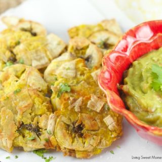 Baked Tostones With Guasacaca Sauce Recipe: easy plantains are crispy baked and served with a Venezuelan avocado dip that's perfect as a dinner side dish.