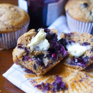 Banana Blueberry Muffins: these moist and flavorful muffins are made with whole wheat flour and wholesome ingredients for a satisfying breakfast or brunch.