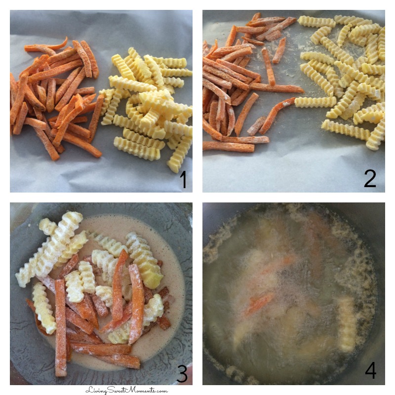 Battered French Fries Recipe - starts with frozen fries to save time and work. They turn out so crispy and perfectly seasoned. Serve with tartar sauce on the side and you got a winning dish.