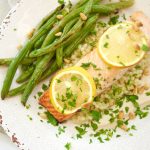 This delicious broiled salmon recipe is served with a homemade tahini sauce and green beans. The perfect quick weeknight meal that is both healthy & tasty