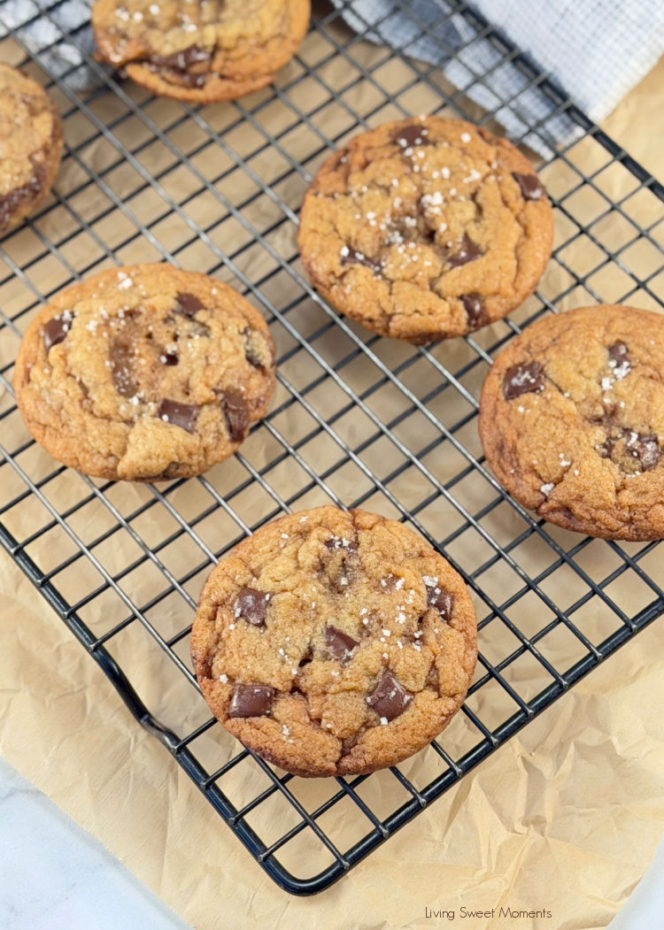 Brown Butter Toffee Chocolate Chip Cookies loaded with homemade toffee, melted chocolate, and flaky sea salt. Chewy centers and crisp edges!