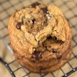Brown Butter Toffee Chocolate Chip Cookies loaded with homemade toffee, melted chocolate, and flaky sea salt. Chewy centers and crisp edges!