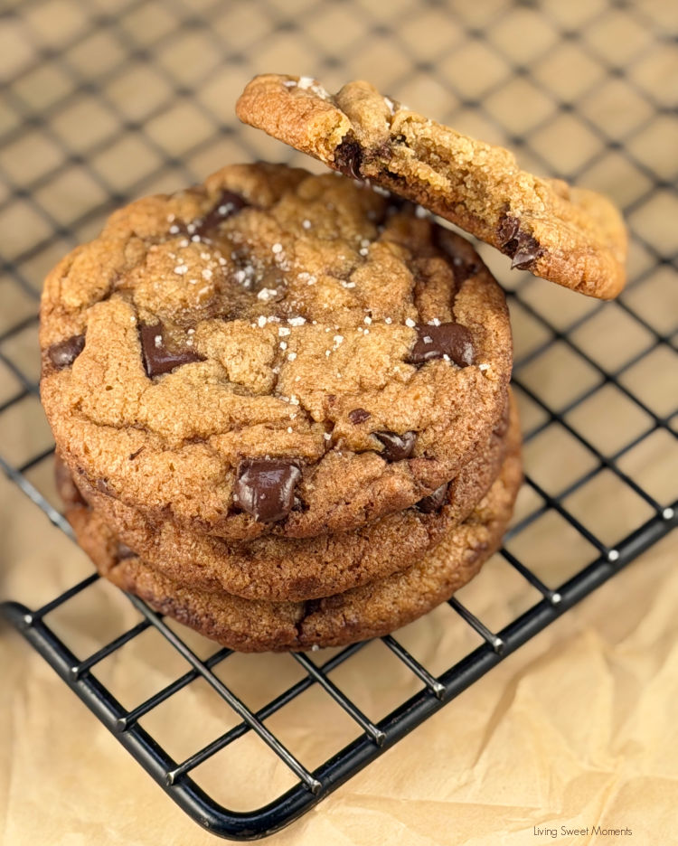 Brown Butter Toffee Chocolate Chip Cookies loaded with homemade toffee, melted chocolate, and flaky sea salt. Chewy centers and crisp edges!