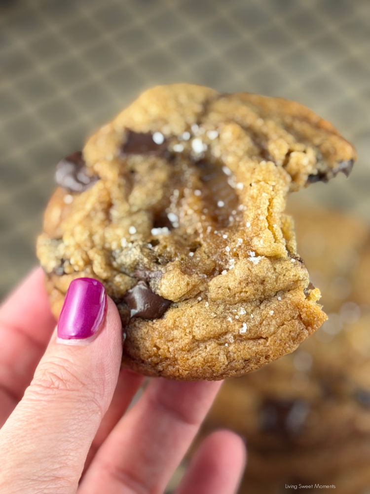 Brown Butter Toffee Chocolate Chip Cookies loaded with homemade toffee, melted chocolate, and flaky sea salt. Chewy centers and crisp edges!