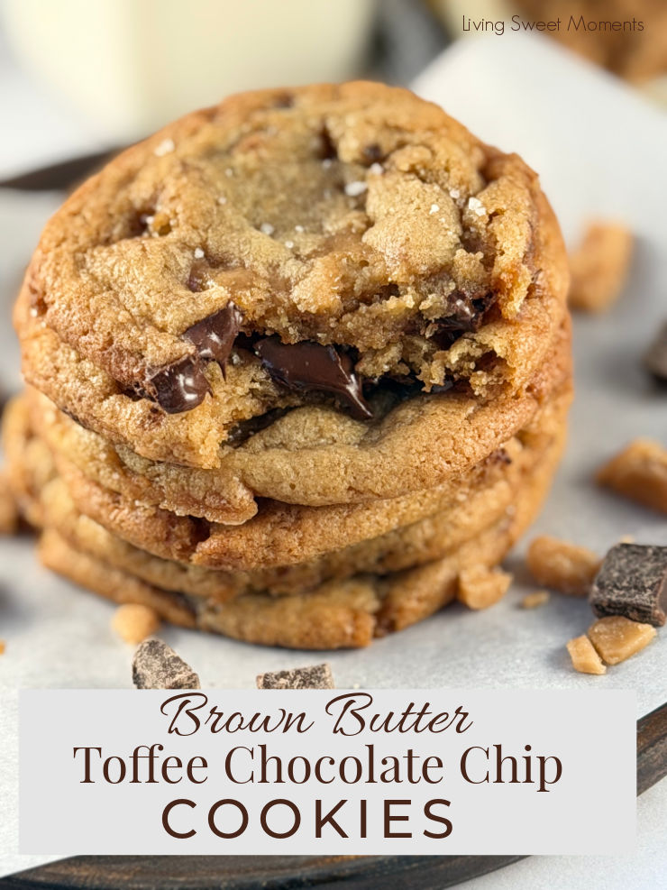 Brown Butter Toffee Chocolate Chip Cookies loaded with homemade toffee, melted chocolate, and flaky sea salt. Chewy centers and crisp edges!