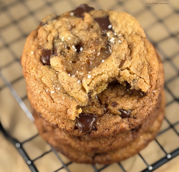 Brown Butter Toffee Chocolate Chip Cookies loaded with homemade toffee, melted chocolate, and flaky sea salt. Chewy centers and crisp edges!