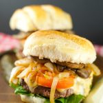 Burger With Caramelized Onions And Mushrooms: Juicy beef burgers w/ homemade sauce topped with sautéed mushrooms and caramelized onions. Perfect for dinner!