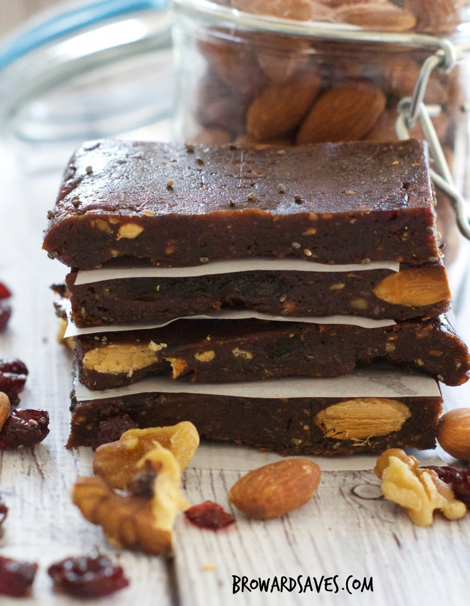 Homemade chia fruit and nut bars stacked on plate