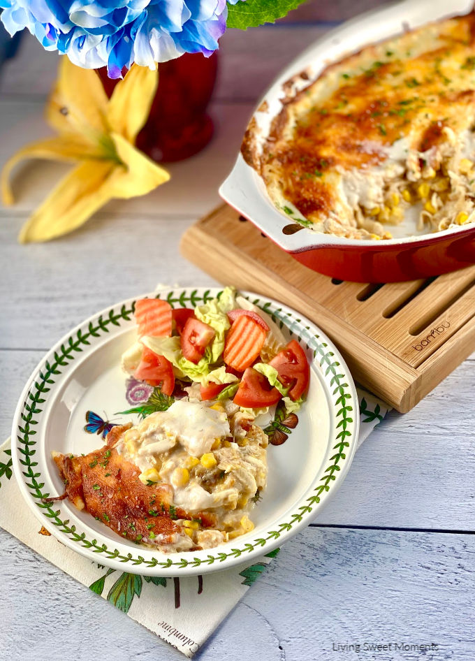 Chicken and Corn Crepe Casserole. Enjoy delicate crepes filled with chicken, cheese, & corn then baked in a creamy Bechamel sauce. The perfect comfort food