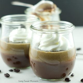 Chocolate Coffee Pots De Creme: One layer of silky chocolate custard topped with a layer of delicious coffee pot de creme served with whipped cream for a delicious creamy dessert