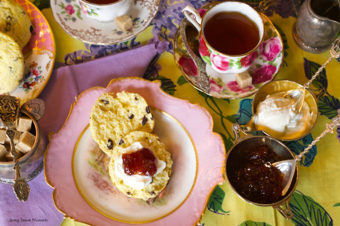 Classic English Scones – this British dessert is made with currants in a delicate pastry that’s perfect for tea time. Top them with clotted cream and jam

