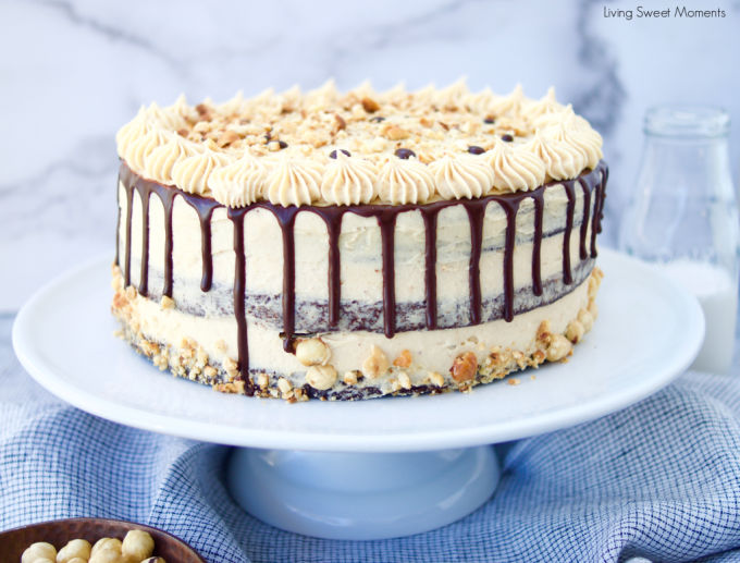 This decadent Crunchy Chocolate Hazelnut Cake has 3 layers of chocolate cake filled with creamy chocolate hazelnut ganache and frosted with praline cream