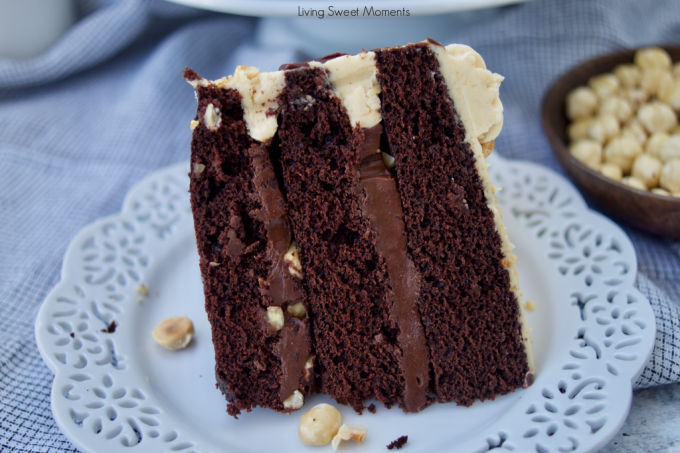 This decadent Crunchy Chocolate Hazelnut Cake has 3 layers of chocolate cake filled with creamy chocolate hazelnut ganache and frosted with praline cream