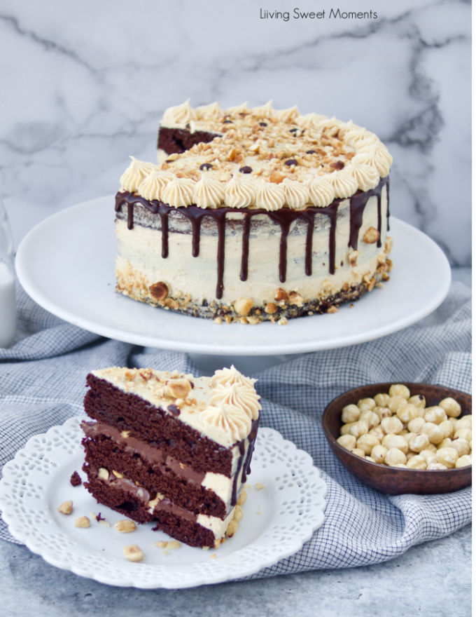 This decadent Crunchy Chocolate Hazelnut Cake has 3 layers of chocolate cake filled with creamy chocolate hazelnut ganache and frosted with praline cream