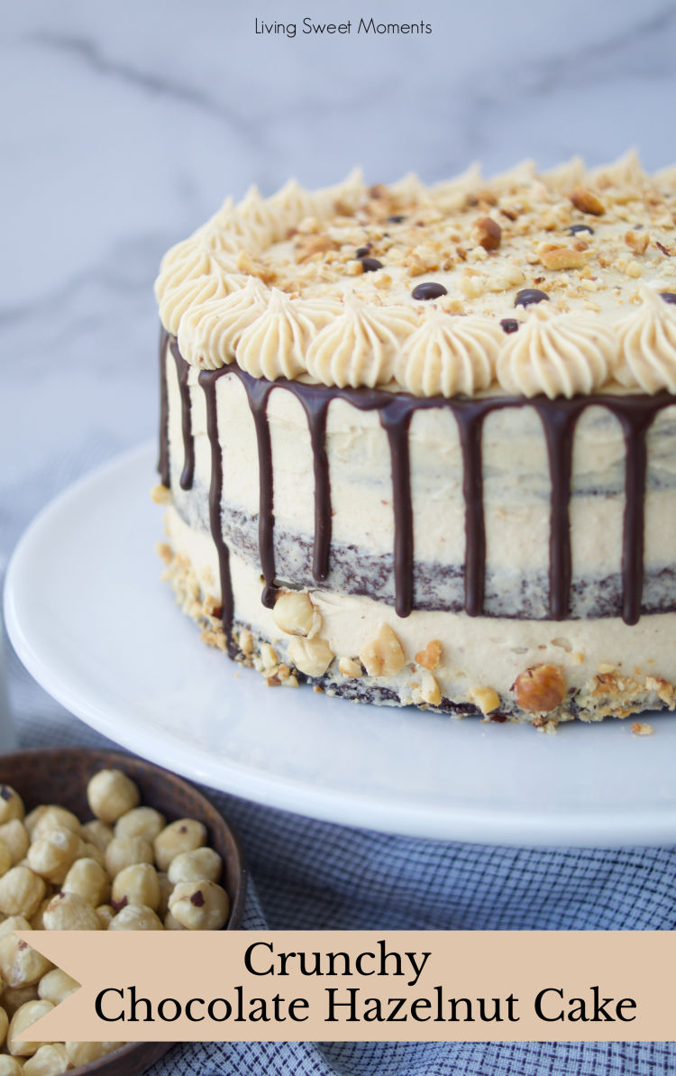 This decadent Crunchy Chocolate Hazelnut Cake has 3 layers of chocolate cake filled with creamy chocolate hazelnut ganache and frosted with praline cream