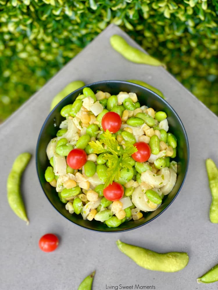 This fresh Hearts of Palm Edamame Salad has corn, cilantro, and is drizzled with an easy dijon dressing. The perfect healthy salad for any occasion.