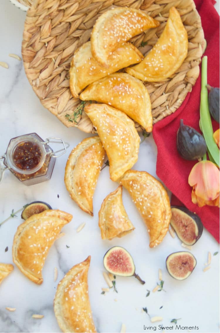 These delicious Fig & Cheese Empanadas are baked to perfection with a sprinkling of sesame seeds. Perfect to serve as fancy appetizers