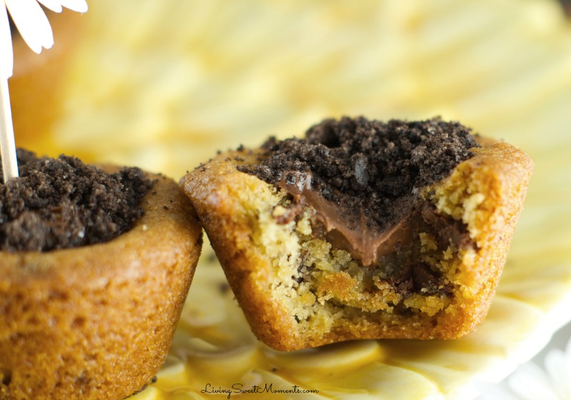 Flower Pot Cookies - Chocolate Chip Cookie cups filled with hazelnut chocolate and topped with crushed chocolate cookies. Welcome Spring with yummy cookies.
