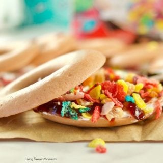 Yummy crunchy Fruity Pebbles Rice Cakes Sandwiches an easy to make snack that kids love. A closeup of the sandwich with cereal
