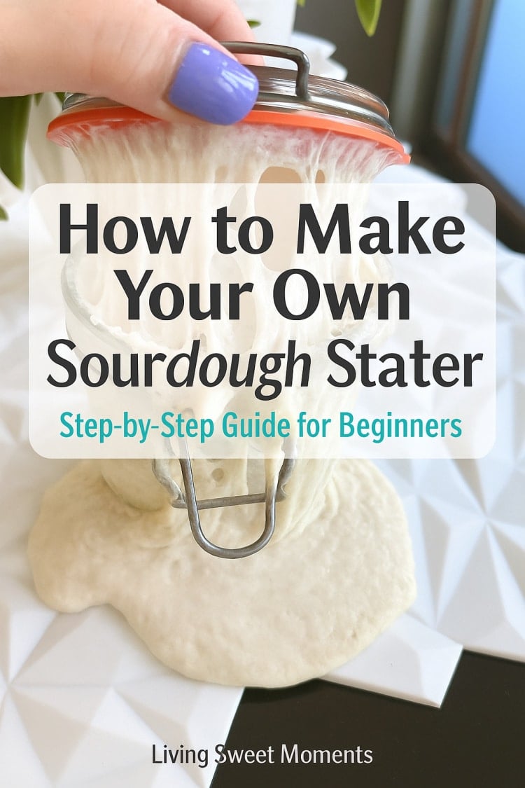 Overflowing active sourdough starter in a glass jar with title overlay