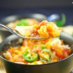 This quick and easy Vegan Instant Pot Sweet Potato Chili recipe a spoonful in a bowl