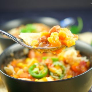 This quick and easy Vegan Instant Pot Sweet Potato Chili recipe a spoonful in a bowl